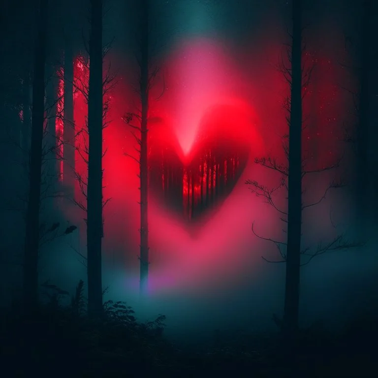 red fog in the forest at night with an electric heart