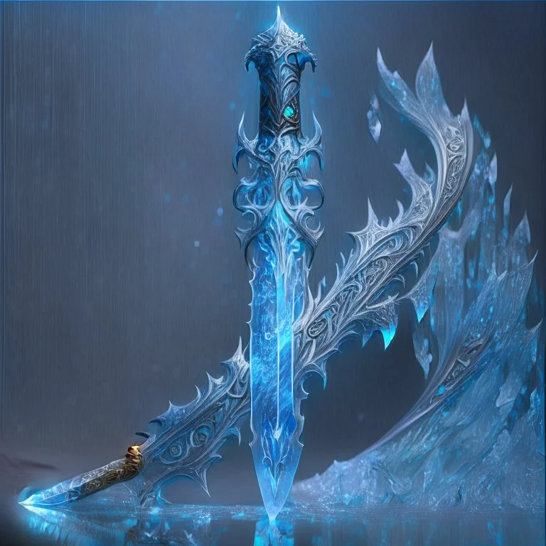 A fantasy sword that is a slender, translucent blade made of ice, shimmering with an ethereal blue glow. Its hilt is crafted from swirling vines, leading to a vibrant crystal at the pommel. With a black background behind it.