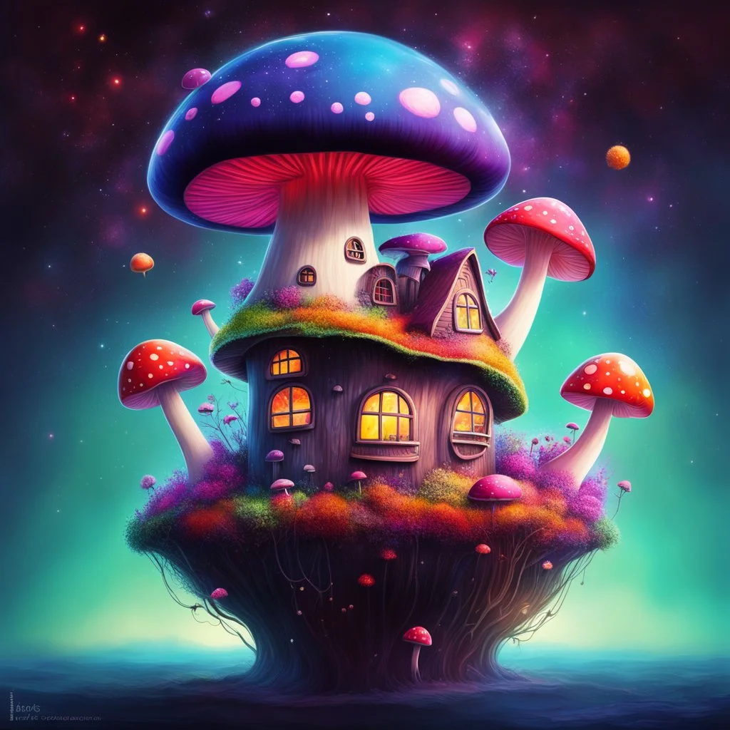 mushroom house on a distant floating space island. the island is floating in outer space. Bright Bold Bright Colors, Stark Dark background. Fantasy Style. High Quality, Painterly, Whimsical, Fun, Imaginative, Bubbly,