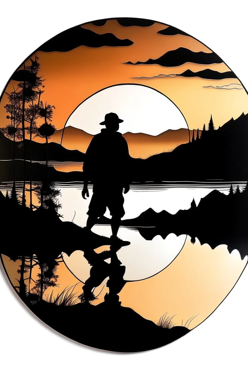 circlular edge made from small outdoor drawings. inside circle a silhuet hiker walking next to a lake in a mountain scenery in sunset