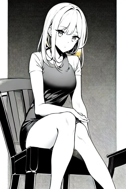 blonde girl speaks sitting on a chair, grayscale