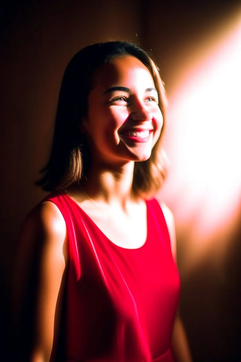 beautiful smiling portrait, rays of sunlight, abstract minimal, red dress