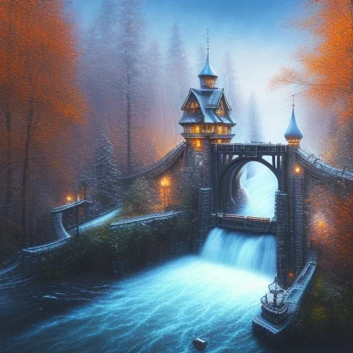 spray painted fantasy art, book illustration, close up on big wolf wizard,the stairs of a bridge or dam in magical forest,autumn icy water, on the bridge,evening, birds eye view