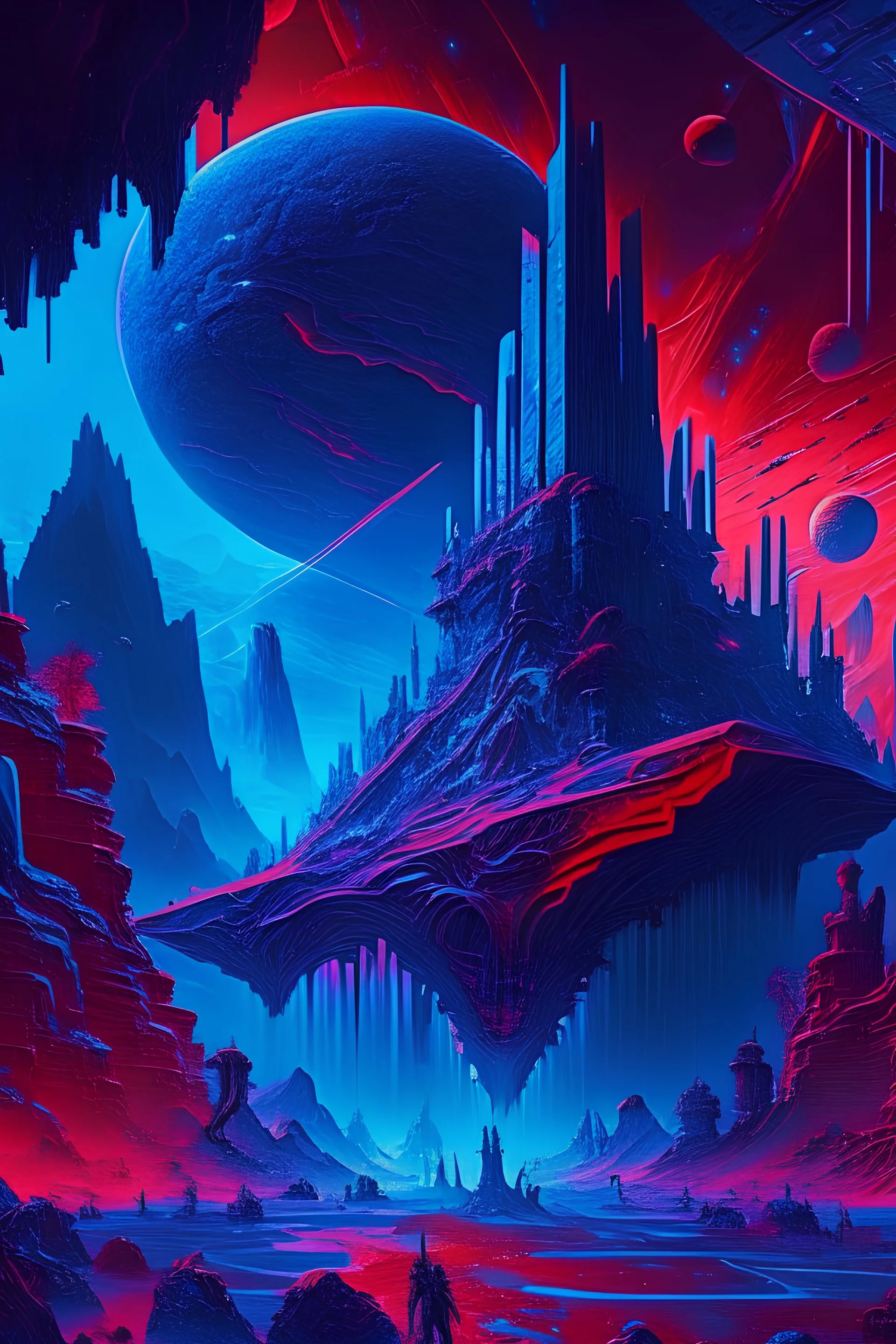 Majestic tech world, psychedelic, blue tones, tech landscape, a hint of red shown as violence or a threat, new unique world of tech