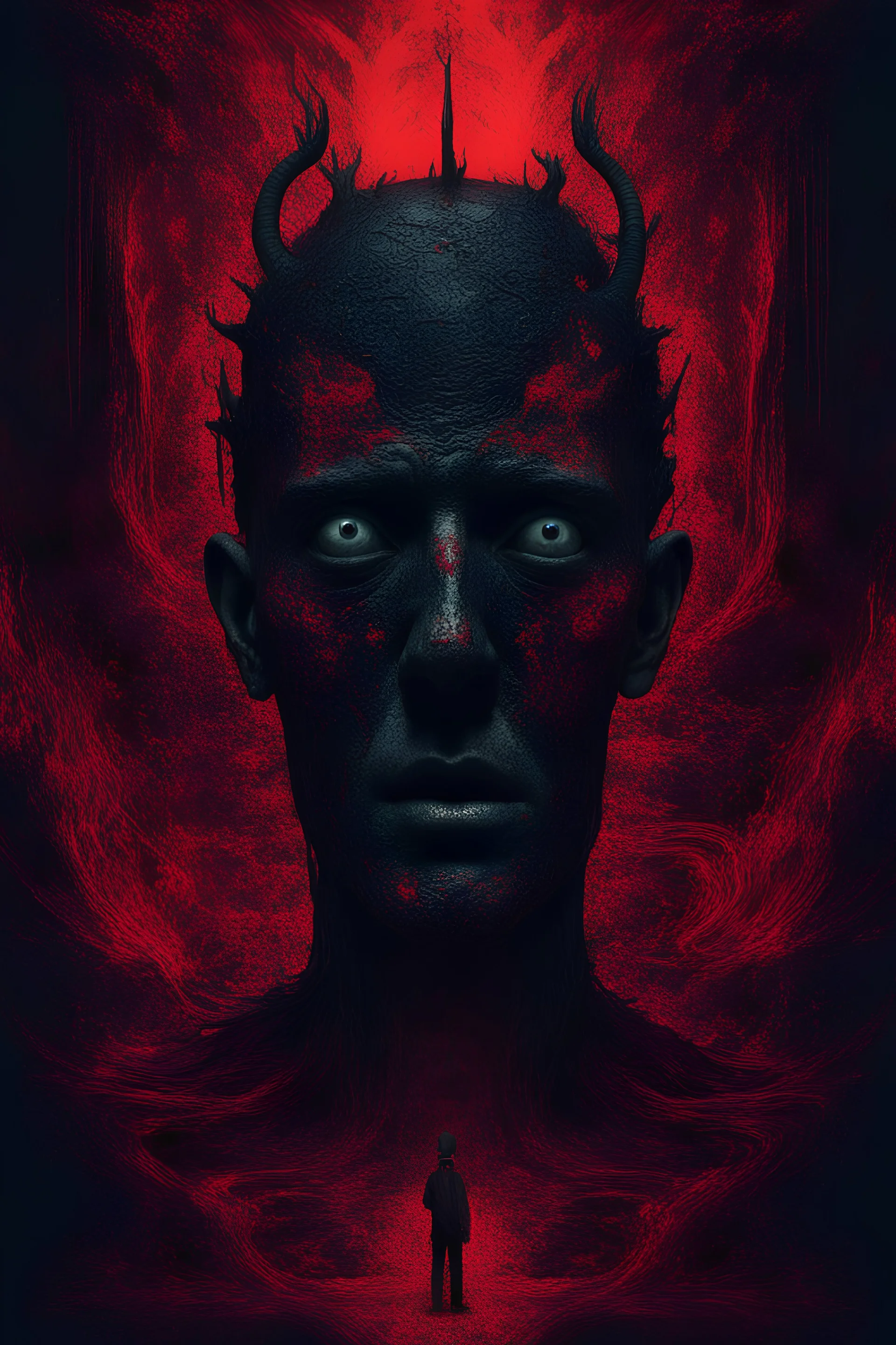 The ego is lost in the dark meanders of the mind where horrible monsters hide, mental disease, surrealism, cosmic black and red, intricate background, Neo-Gothic digital glitch art, photorealistic