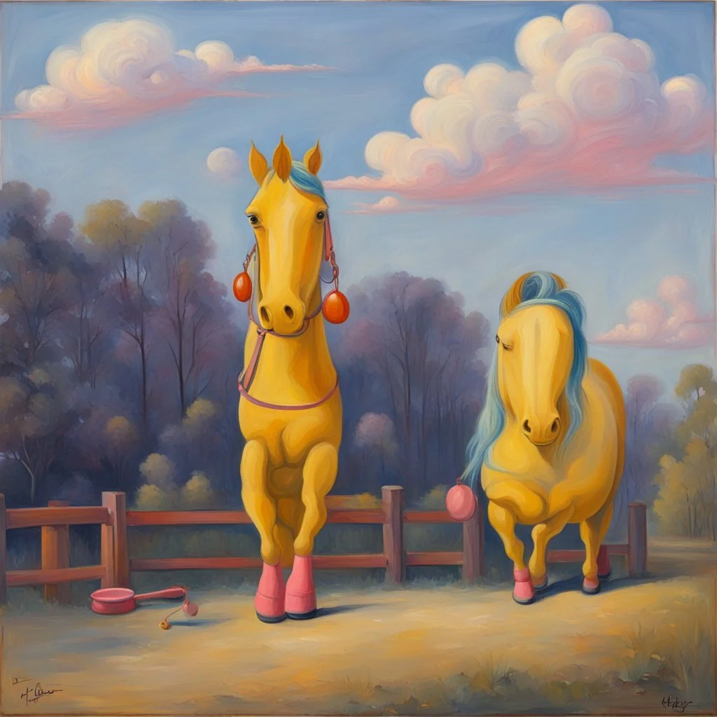 Big pink toy horse.19th painting