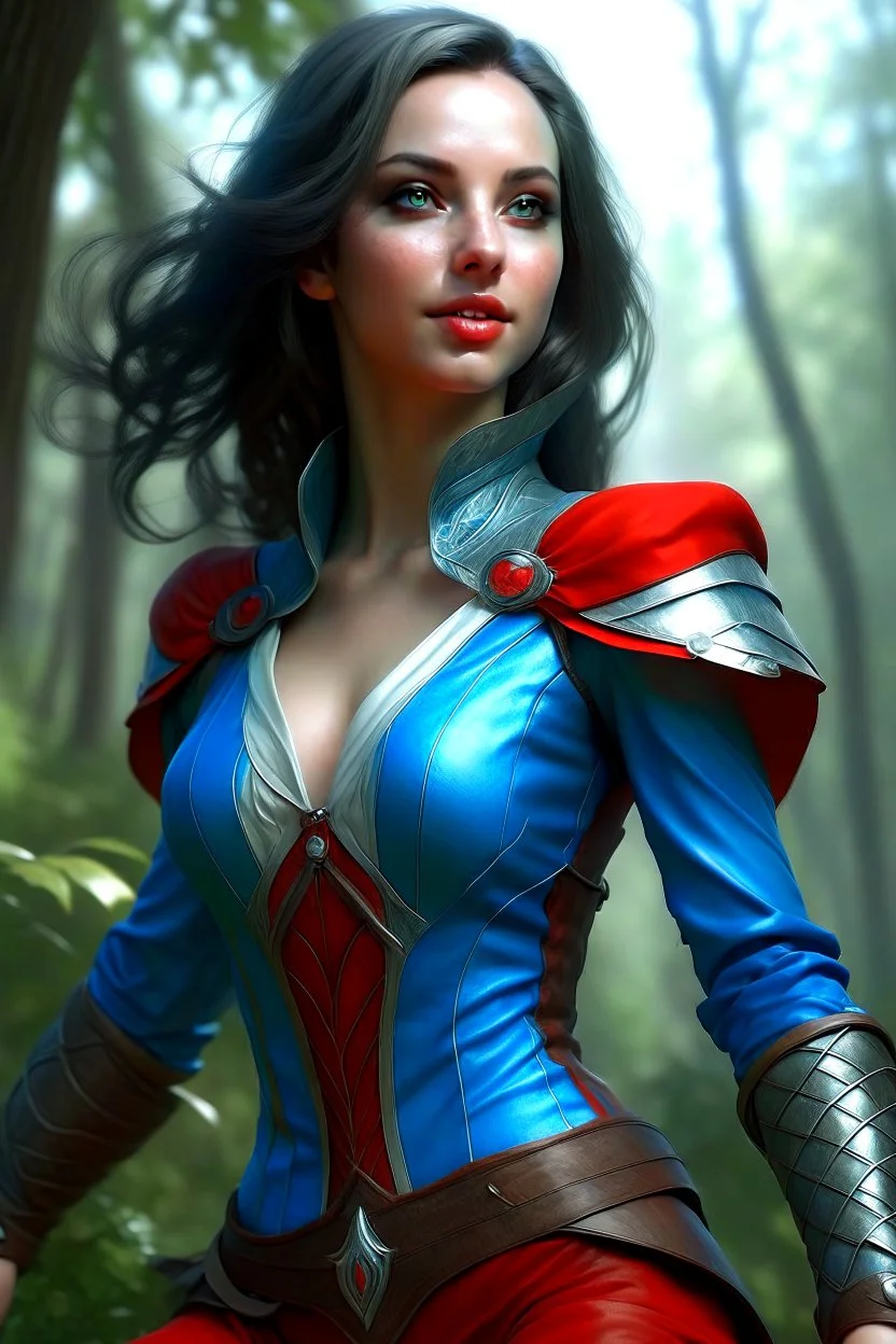 create an adult female air genasi from dungeons and dragons, black medium hair, light blue eyes, light blue skin, wavy hair, wearing red leather clothing, very realistic, full body, digital painting, high resolution, forest background, a bit zoomed out