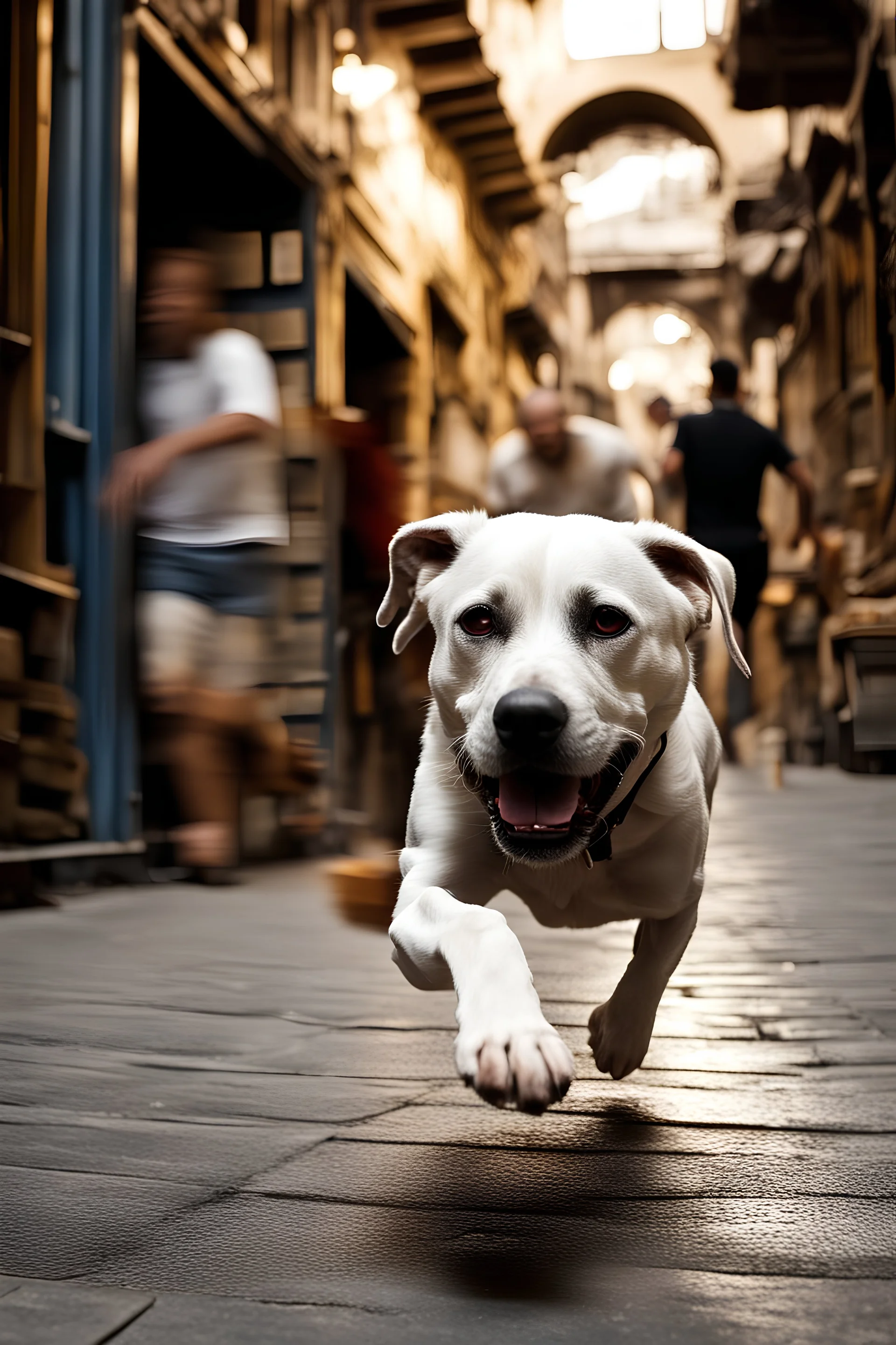 A DOGO running very fast in the old bazaar İstanbul, front shot, close up, National geographic style, motion blur, 8k, Fast shutter speed