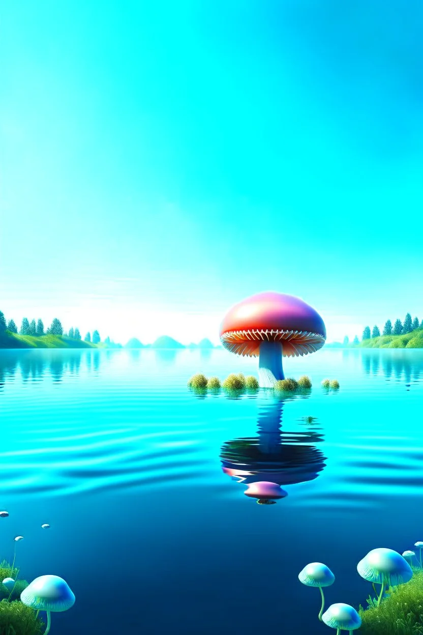 Landscape scene across a lake with mushrooms with jellyfish tentacles floating through a light blue clear sky