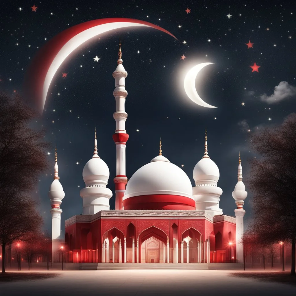 Hyper Realistic Red & White Mosque at beautiful night with stars & half moon