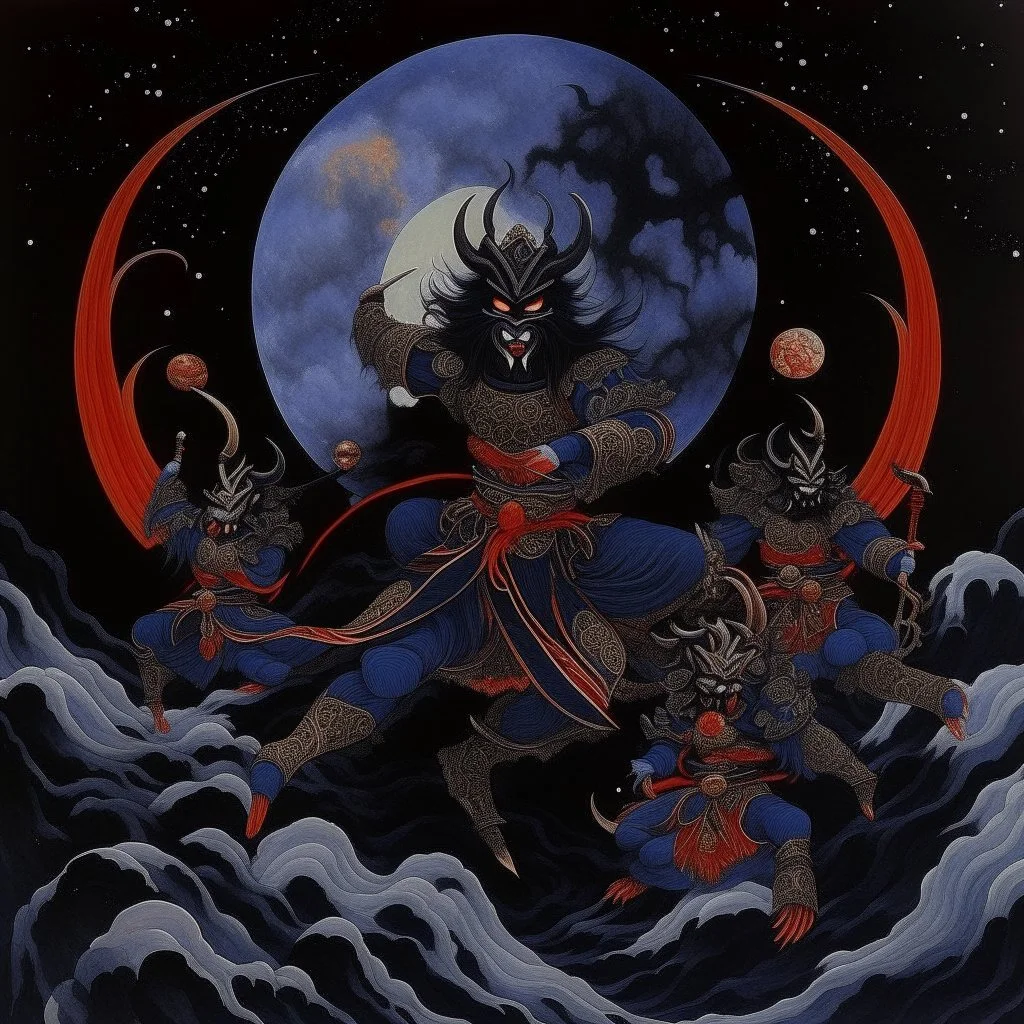 A purplish black shadow moon empire in outer space designed in Japanese Oni masks painted by the Limbourg brothers