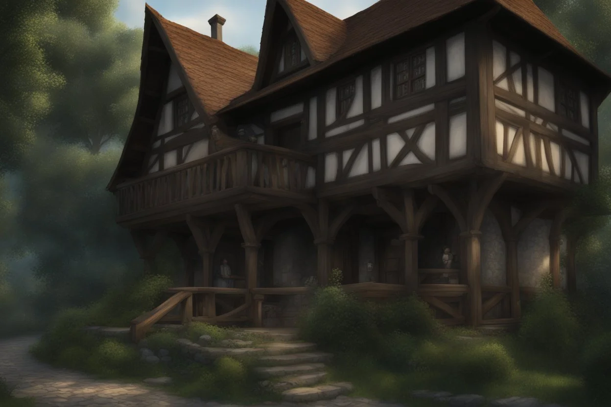 large medieval gothic, wooden inn, with a balcony, next to a cobbled road, in a wood, dense foliage, photo-realistic