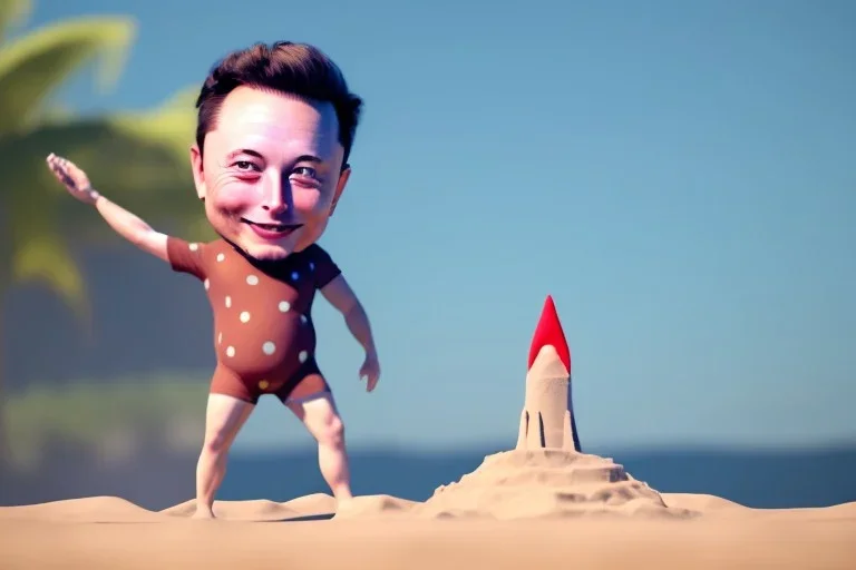 Elon musk as a 4 year old toddler building a Very tall rocket-shaped sandcastle on the beach. He is wearing a polkadot swimsuit. He is a Tiny baby