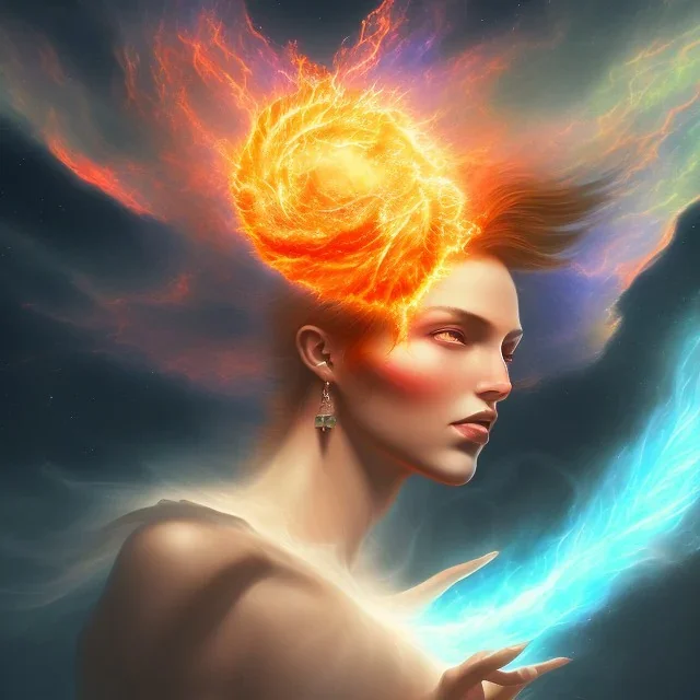 Ancient elemental power God El of fire, Great lava flowing halo around head, burning comets, spiritual blissful smoke clouds inspiring spark tornado