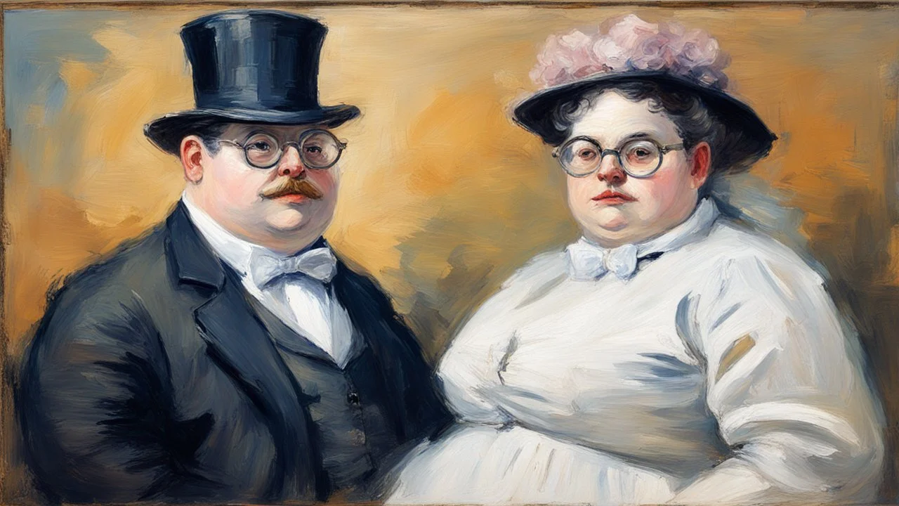 Eccentric Elegance with white glasses, Impressionist painting of an odd couple from 1890. The man is very thin, the wife is very fat, in the Victorian American style. Rough, rough brushstrokes, impressionist style painting