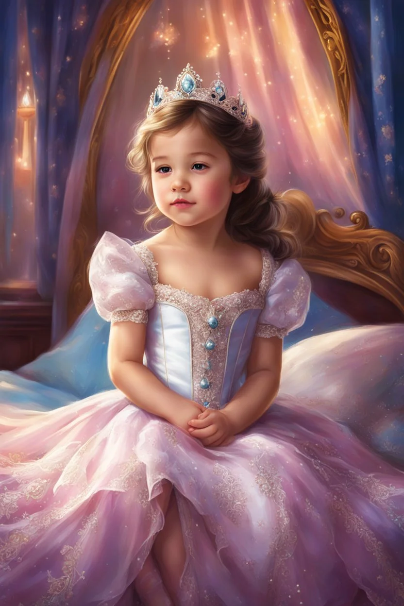 a little girl in a princess dress sitting on a bed, beautiful princess, fairytale artwork, disney artist, disney art, beautiful fantasy painting, sleeping beauty fairytale, very beautiful fantasy art, cgsociety 9, princess, fairy tale illustrations, realistic cute girl painting, photorealistic disney, princess girl, disney princess, fairy tale style background, princes jasmin, artificial intelligence princess