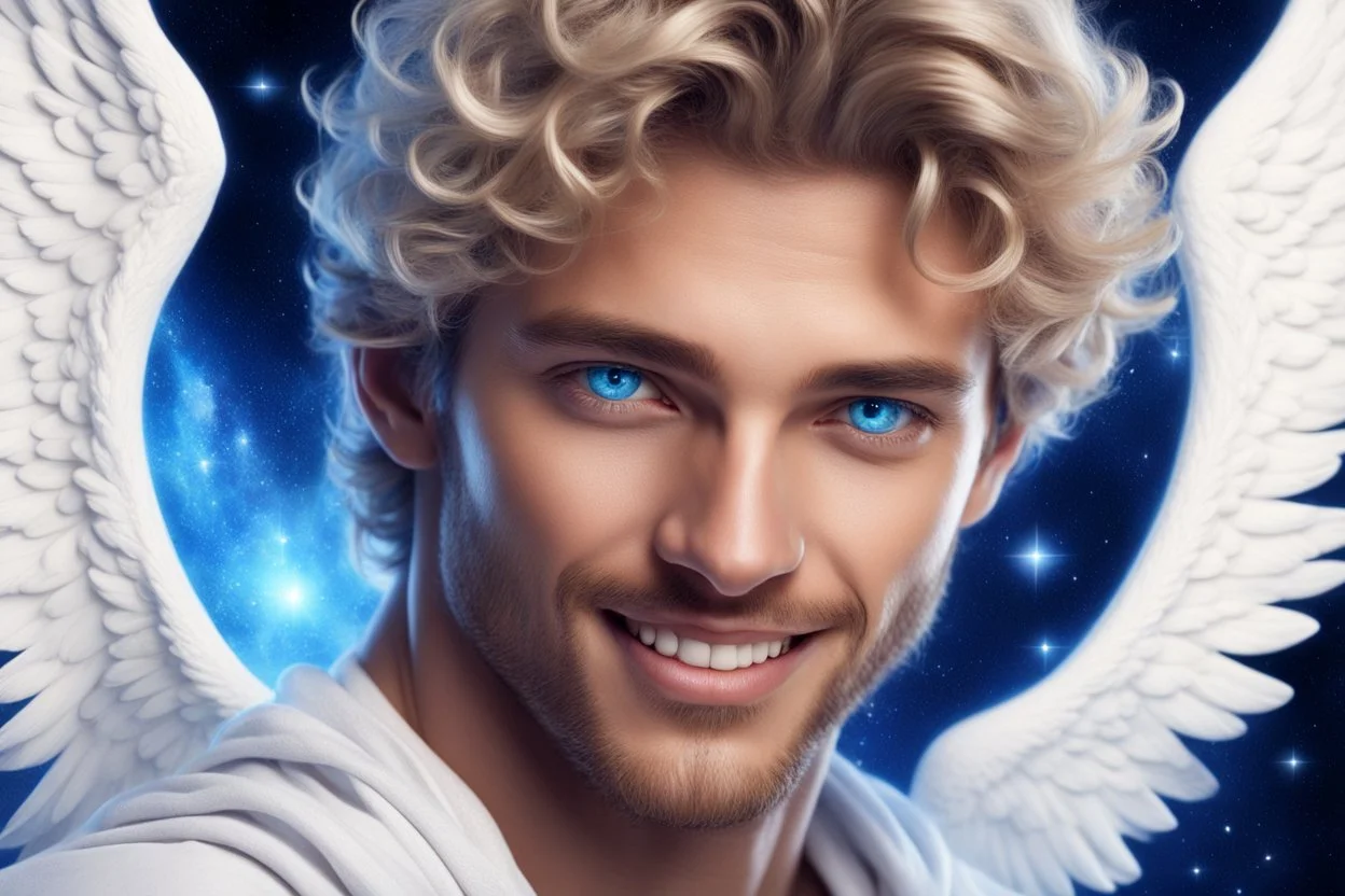 cosmic beautiful angelic man , with blue eyes and sweety smile