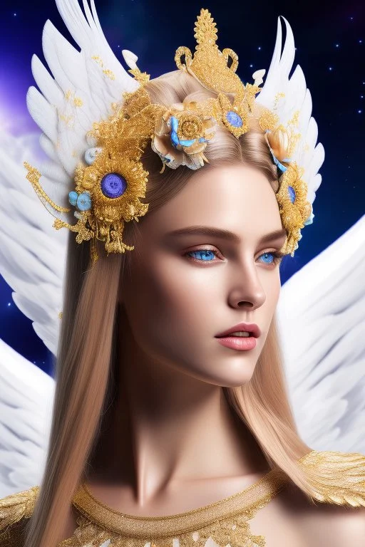 Flower, angel man, (detailed face )++, (detailed blue eyes)++ (long blond hair)++(pectoro visible)++(smile)++, , (two feathered wings on his shoulder blades)++, beautiful place, incredible, cosmic, colours, planet, gold, realistic, real photo, stars at night, detailed, high contrast, 8k high definition, unreal engine 5, extremely sharp details, (lighting effect, light background)++.