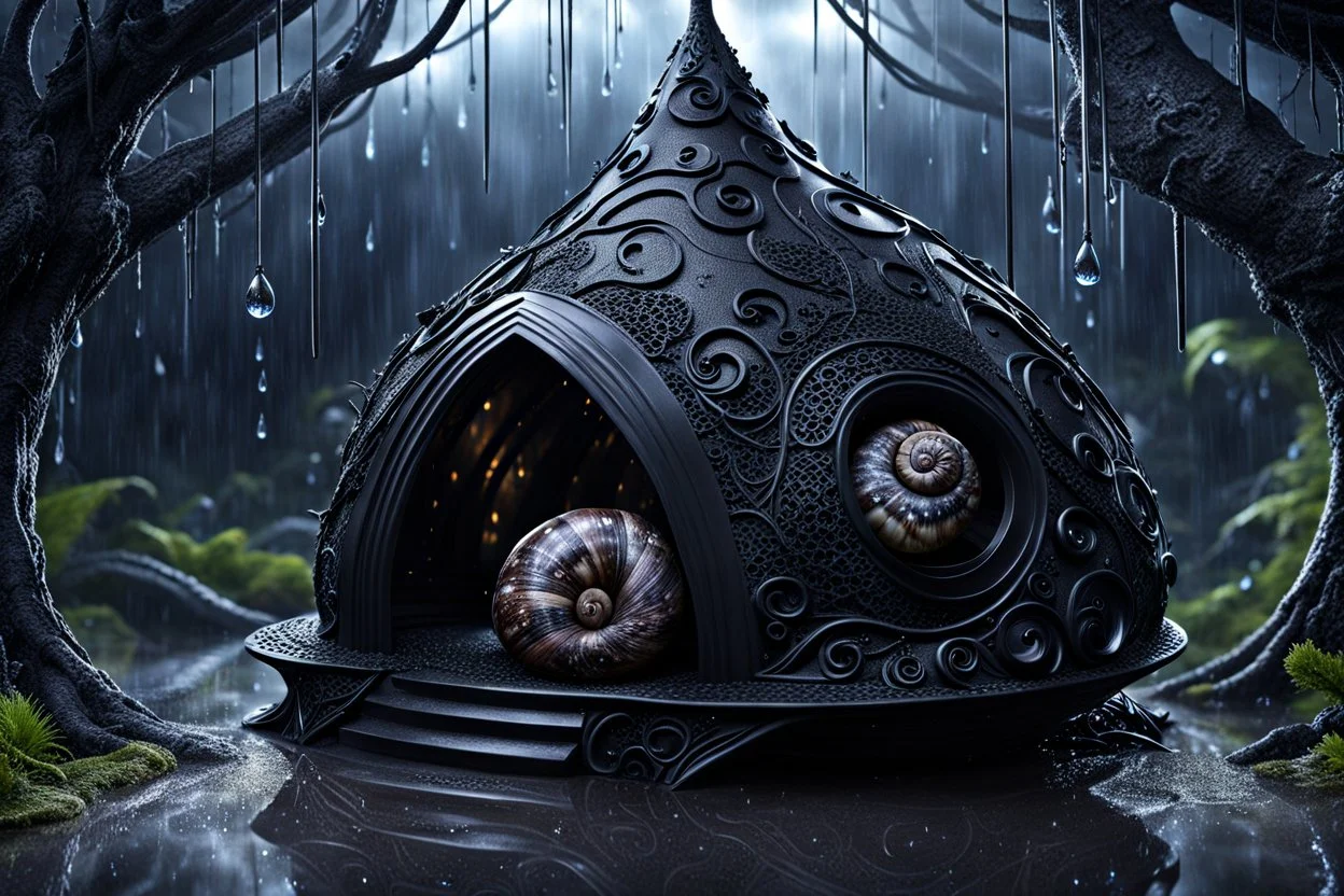 little dark witch fairy sleeps in her stunning lacy-onix gothic snail house, storm, rain, volumetric light, dark colors, rain drops, dark tendrils in background, fantasy, scifi, dark fantasy , dark stunning mood intricate details, beautifully shot, hyperrealistic, sharp focus, 64 megapixels, perfect composition