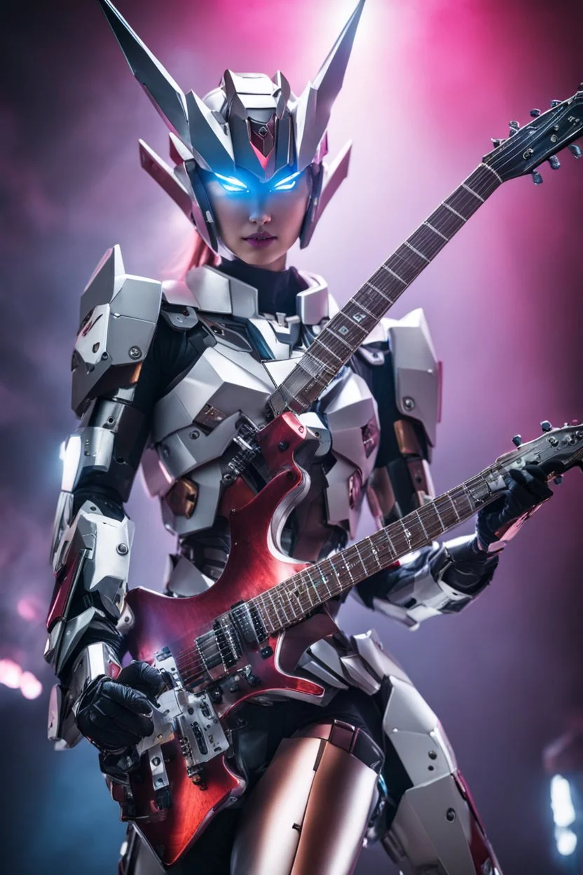 Realistic Photography beautiful woman as cyborg rock star with body full gundam robotic ,self expression playing rock guitar on stage music concert