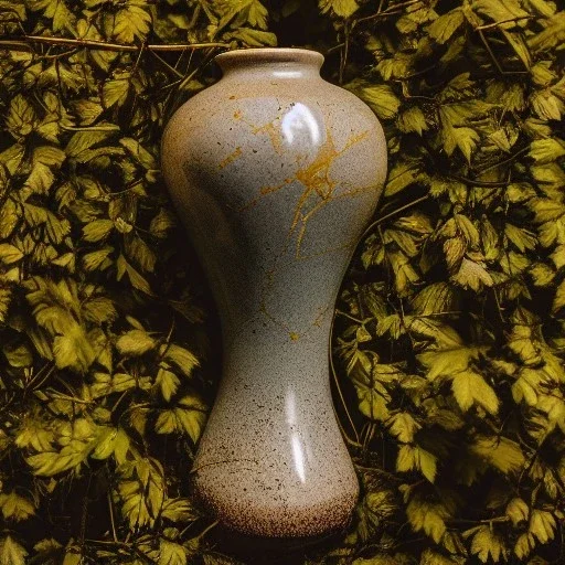 artistic photo of a tiny cracked ceramic vase repaired with gold, kintsugi, garden setting, beautiful landscape photography, beautiful, vines and leaves, delicate, cinematic, high detail, beautiful composition, delicate arrangement, aesthetic, soft lighting, award winning photography, tender