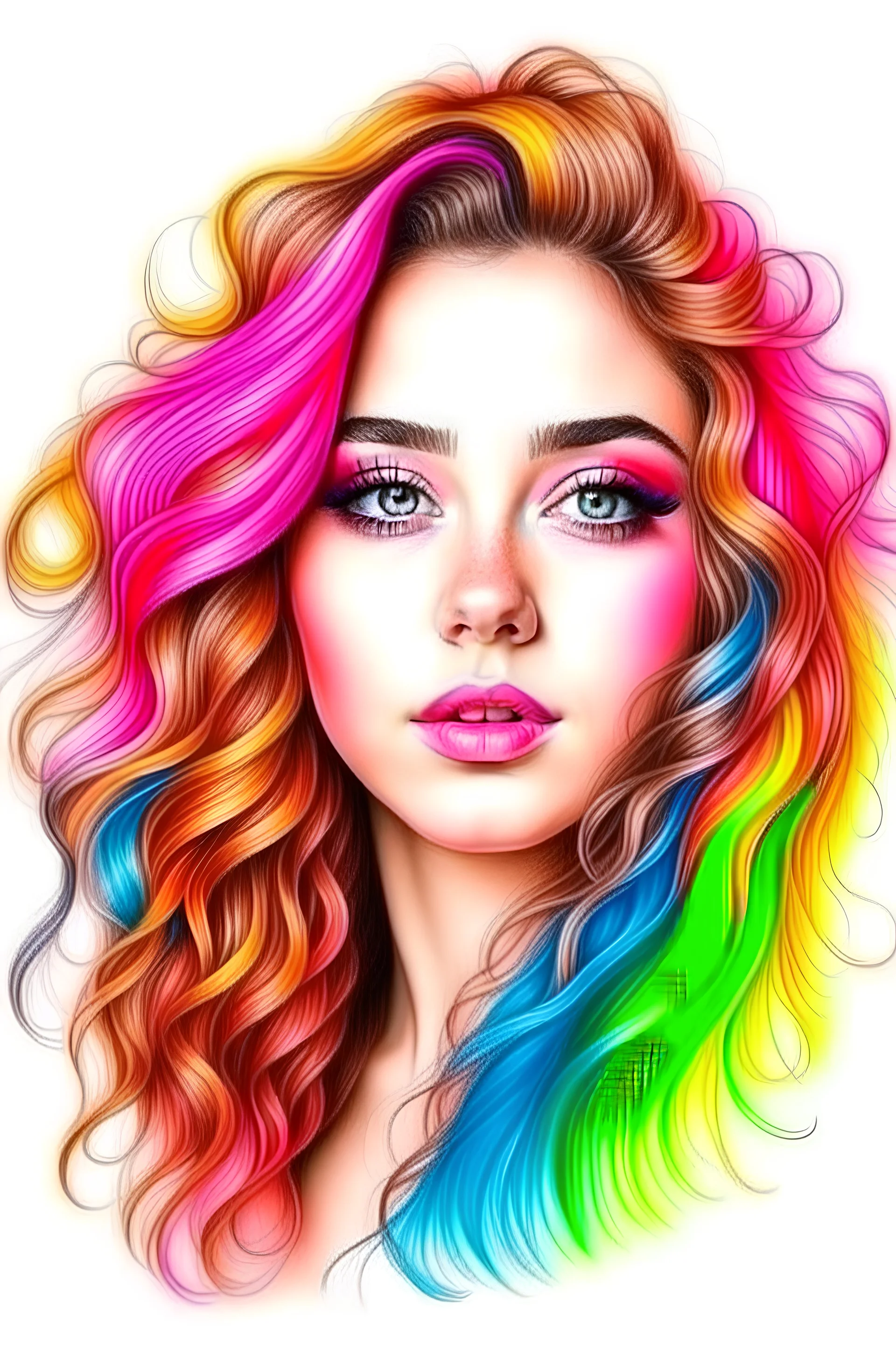 create of beautiful girl face using pencil colors with long curly hair