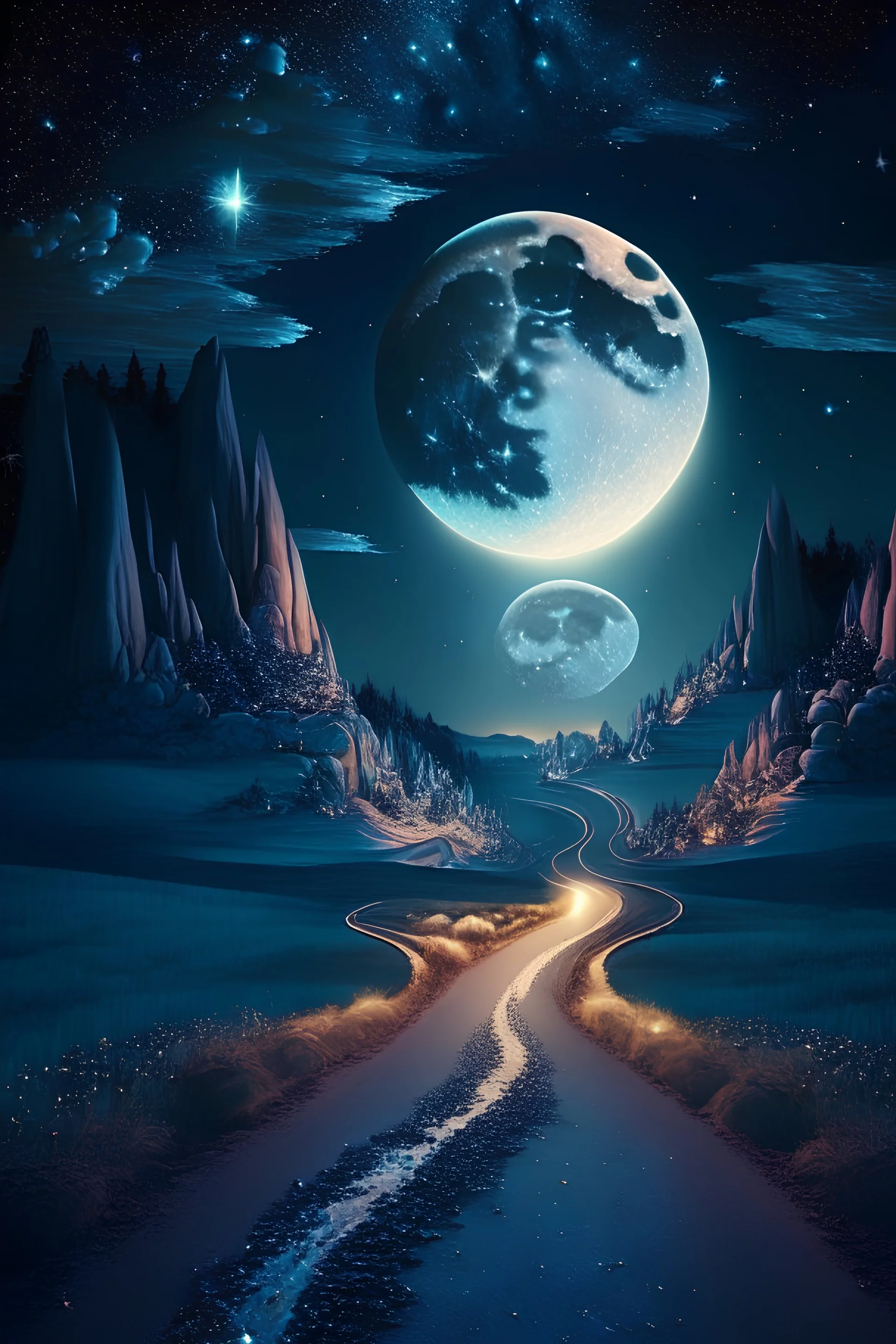 A beautiful 3D fantasy night landscape with an enchanted glittering moon and a widespread road that leads to a magical horizon