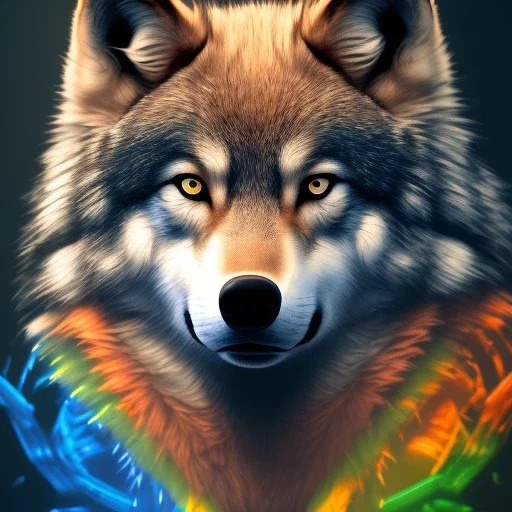 Wolf, red, orange, yellow, green, blue, purple, masterpiece, expert, 8K, hyperrealism, sharp focus, cinematic lighting