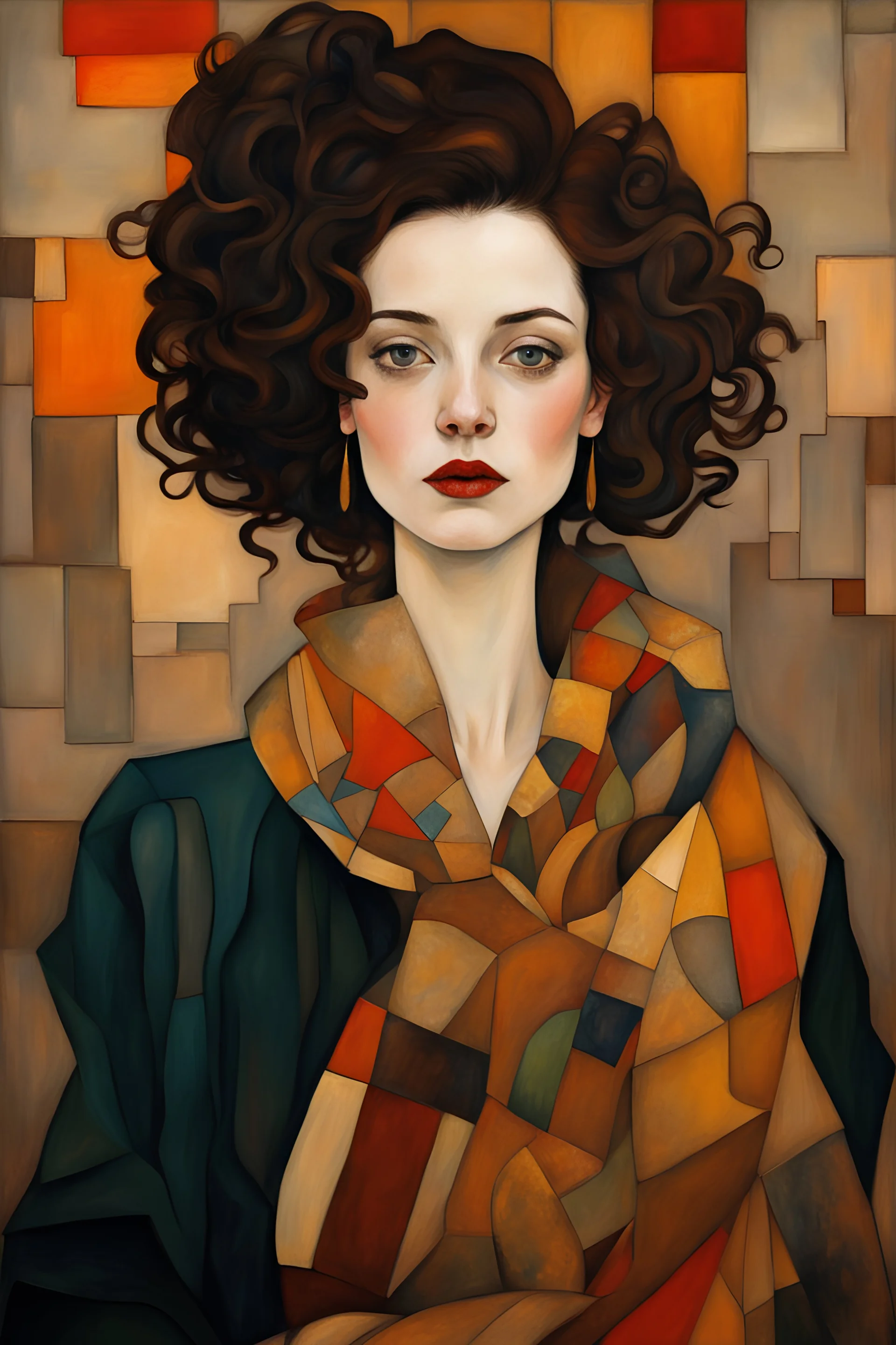 Woman in the style of argon Schiele + Gustav Klimt. Rich, lovely colors, cubism style