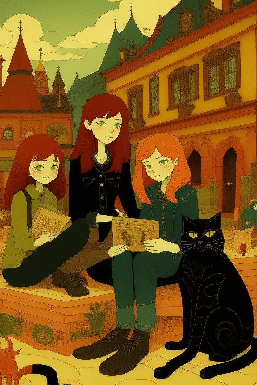 Act like a book cover designer. Use folk art style. Grimmy black cat and a group of three teenagers (13-15 years old) - two brothers with ginger hair and frickles with a brown-haired girl. Environment: old town.