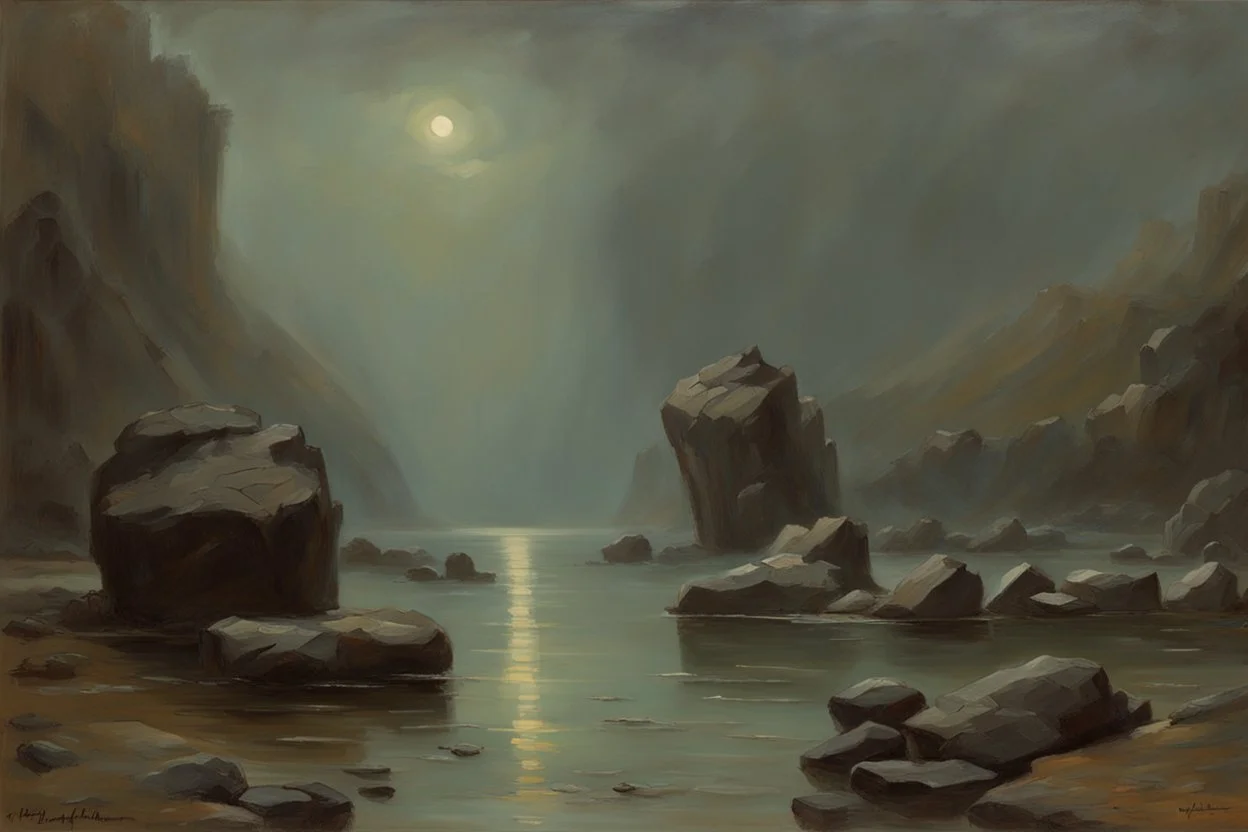 grey sky, rocks, sci-fi, lake, friedrich eckenfelder and henry luyten impressionism paintings