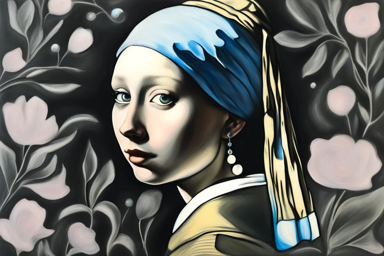 flower cut, girl with pearl earring S<AI in moonlight, shaded pastel and charcoal drawing, bioluminescent, holographic