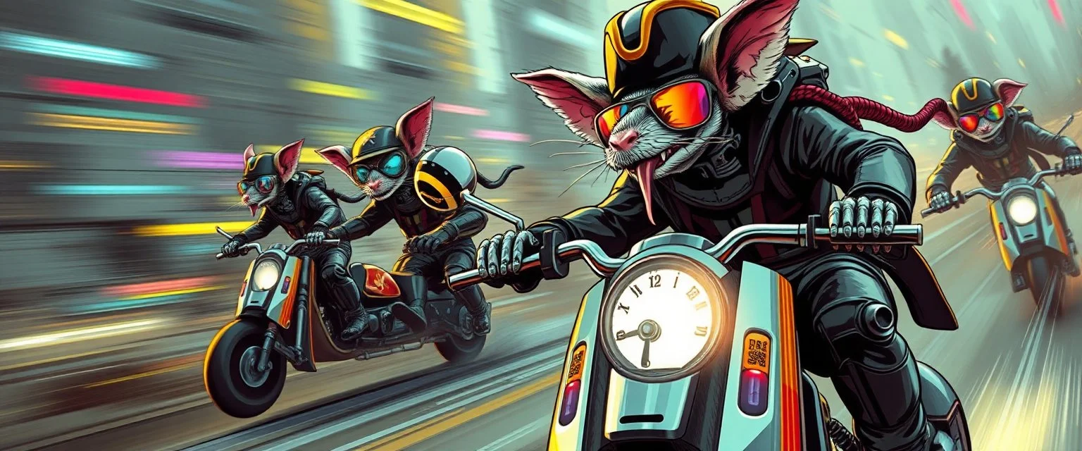 robotic ai pirate nepotism in the style of fallout 4 hi speed rocket ship on leaning scooter in a swing, coated rat gremlin captain in high speed pursuit among neon spy vs spy rat cyber soldiers, with background motion blur, airbrush and pen outline, in the style of Fallout 4 and Cyberpunk and GTA5, huge sun glasses with mirror reflection, tounge out