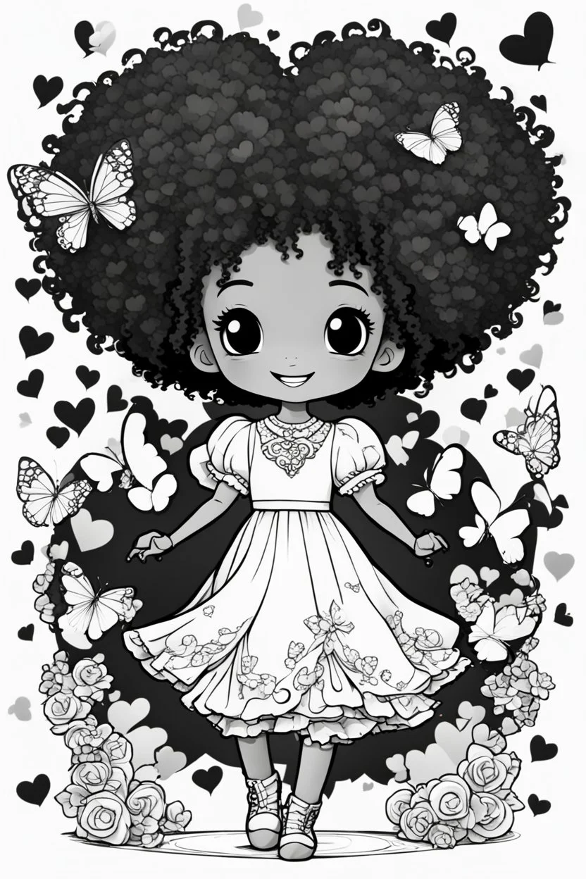 create a coloring page of a chibi girl with a curly afro ponytails dancing around hearts and butterflies. she smilies while shes playing, black and white