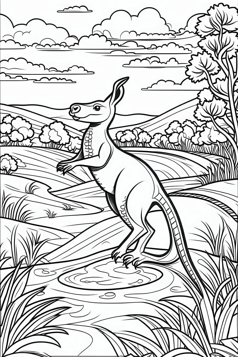 Illustrate a vibrant scene of a kangaroo hopping happily across the Australian outback, clean line art, white background, no shadows, black and white coloring book.