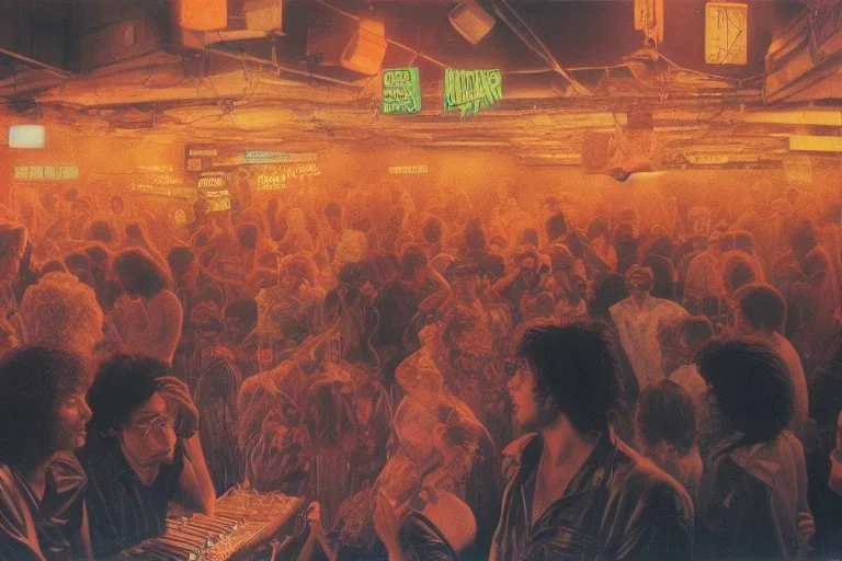 photorealism, 1980s west berlin disco scene, sound, intricate, sharp focus, 8k, hdr, uhd, fine shaded shadows, painting by dan witz