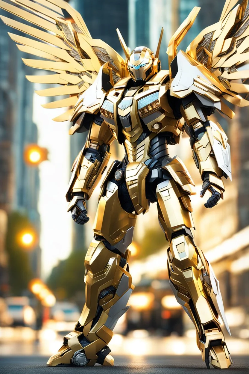 Android concept ,full body photo realistic, golden ratio, symmetric,warrior angel, straddle wings, mecha, transformer, metallic shiny armour , curcuits, leds, weapons on forearms, intricately detailed, ray tracing, octane render, walk on city street