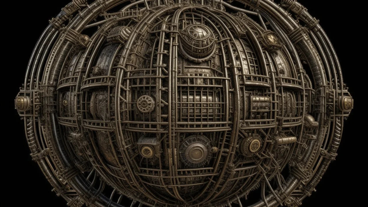 steampunk sphere with tubes, pipes, and wires floating in deep space, detailed