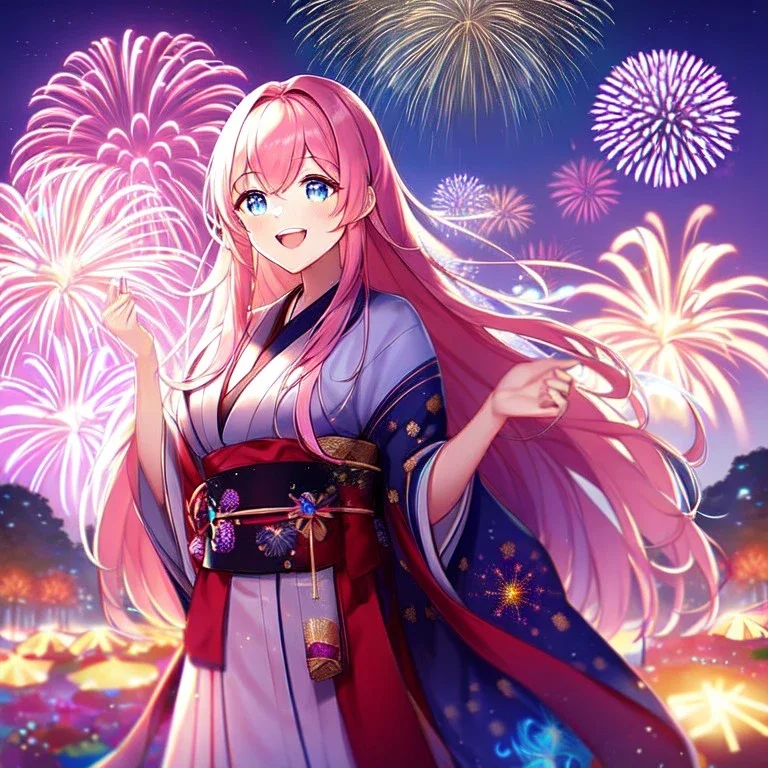 girl, masterpiece, best quality, volumetric lighting, detailed outfit, perfect eyes, long hair, pink hair, blue eyes, kimono, fireworks, laughing,