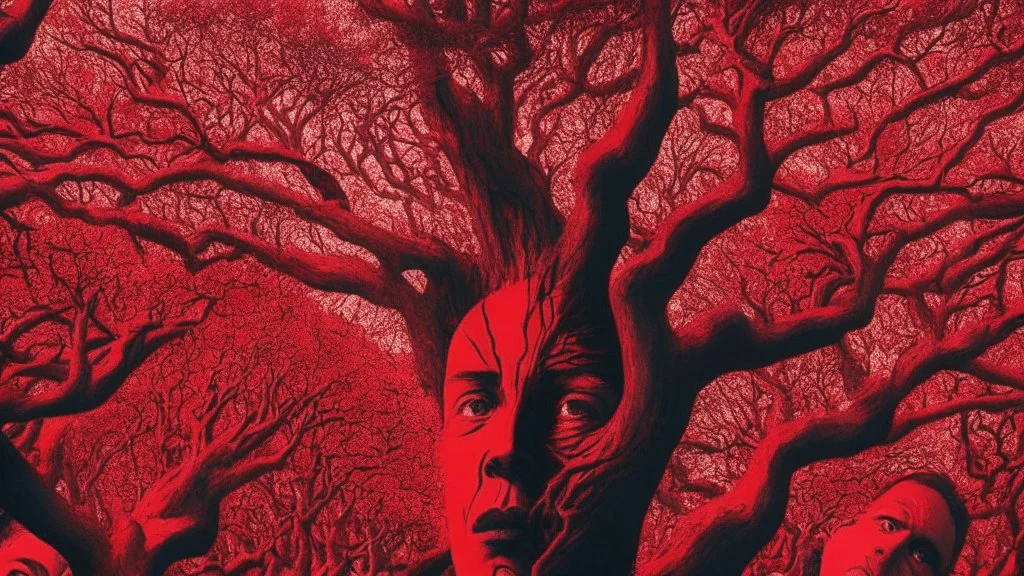 red tree, highly detailed, beautiful desktop wallpaper, comic style, many human faces on tree