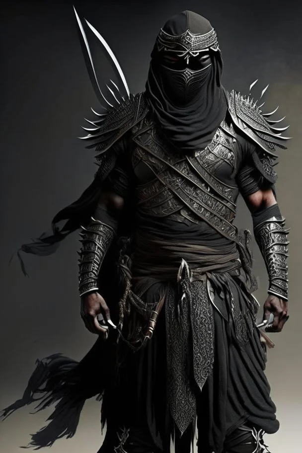 Arab warrior Full Body Full Armored Wearing Face Masculine Mysterious Powerful Fantasy High Quality with his bow black clothes .He stands before his soldiers