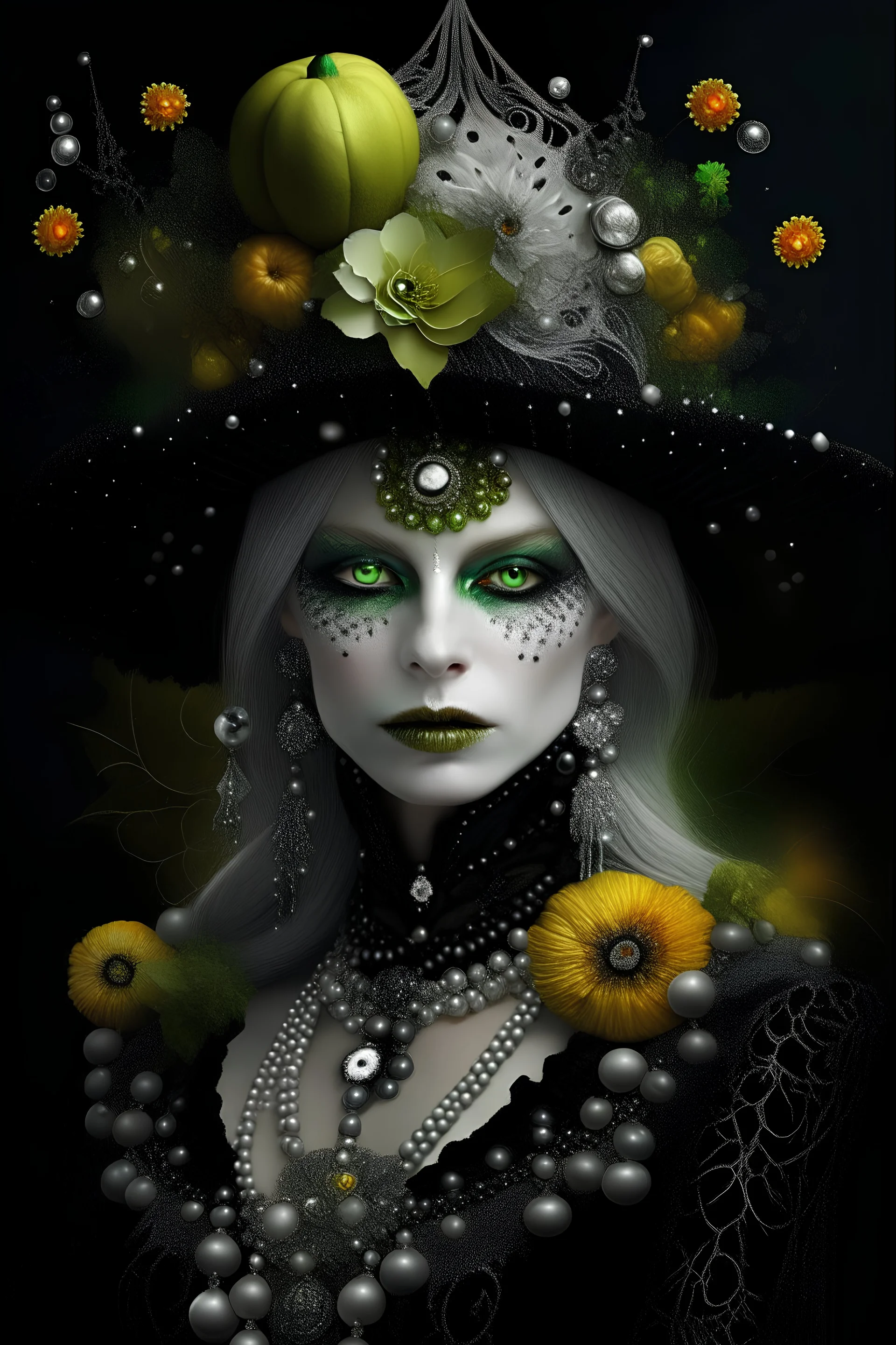 Beautiful silver and black and green witch woman portrait adorned with bioluminescense Halloween yellow white and green and black beads, pearls white dust pumpkin, frogs, spidere on the hat headdress, , wearing bronze autumn leaves textured black floral textured bioluminescense witch witch costume organic bio spinal ribbed detail of ornate bioluminescence bronze autumn white floral background extremely detailed hyperrealistic concept ar