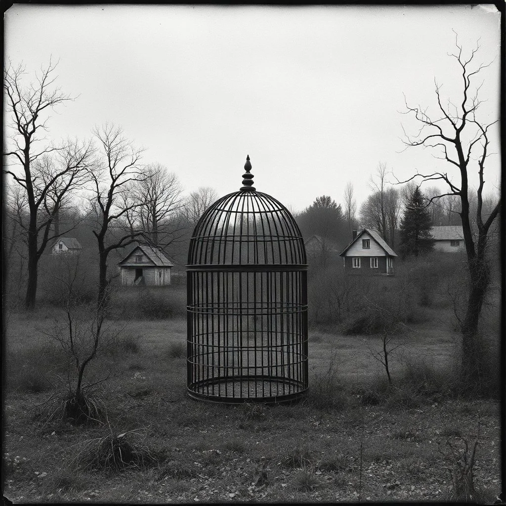 A landscape with odd cage, black and white old photo, dystopic atmosphere, trees, some odd houses, George Grosz