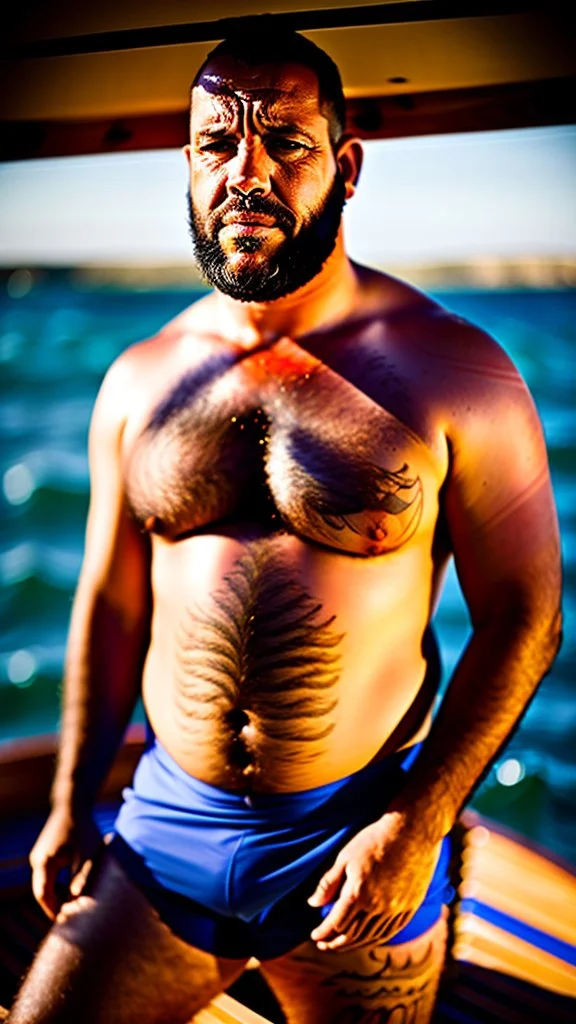 photography of a burly marocan fisherman sunbathing on a fisher wooden boat, in little french briefs, tattoo, manly chest, ugly, 34 years old, bullneck, white long beard, dreadlocks, muscular chubby, angry eyes, photorealistic, Canon EOS, 8k