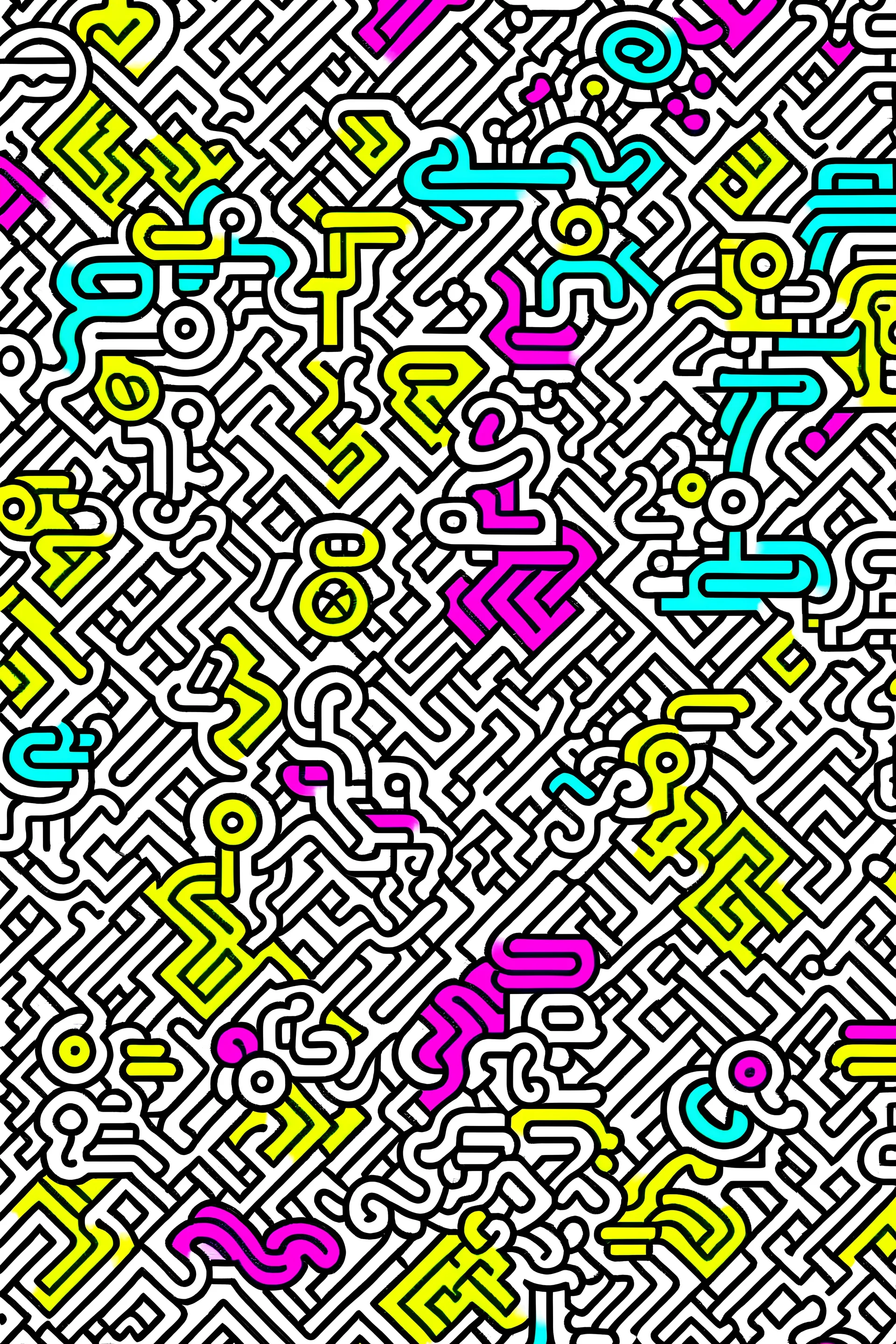 A vector line art image in the style of Keith Haring, with dozens of tiny abstract icons, using a single line weight. The color palette should heavily feature the colors cyan, magenta, yellow, and black, with a white background. The image should be low contrast with excessive white space.