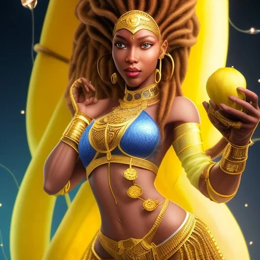 dhalsim as woman with dreads,black gloves,big pile of bananas,small hands, maze background , levitated lab equipment, 4k, Highly Detailed, Masterpiece, perfect eyes, Digital Illustration, Cinematic Lighting, Realistic, Sharp Focus, Centered, Beautifully Lit, Bioluminescent by Stanley Artgerm Lau