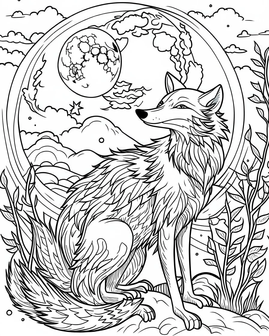 A fox looking up at the moon. coloring page