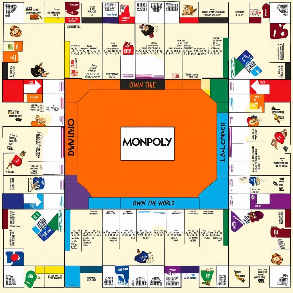 create a custom monopoly style board GAME with: 1 row of EQUAL SIDES 12 SQUARE EACH SIDE WITH A BIG SQUARE IN THE MIDDLE. MAKE THE WRITING IN THE MIDDLE SAY OWN THE WORLD ,