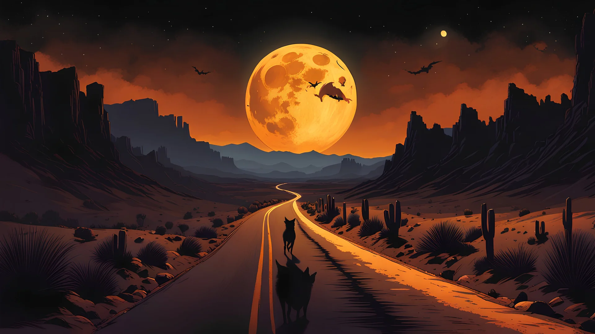 A decaying, gaunt, shuffling zombie and a small, black dog walk down a long, straight road in a desert canyon at night under a large, amber moon, Superstition, digital illustration, deep, dark colors, color sketches, horror art, moody, atmospheric, liminal spaces, illuminated.