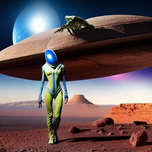 Wide view Alien creature from mars holding a gun